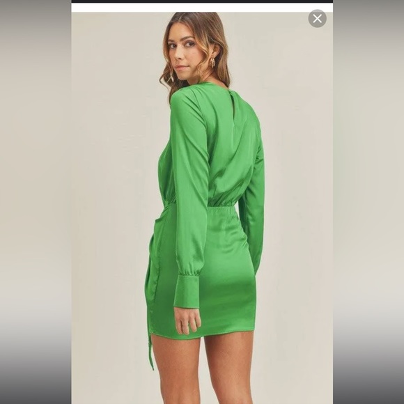 These Three Boutique Mable Satin Front Tie Mini Dress in Kelly Green - Picture 3 of 9